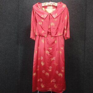 1950's Vintage Coral Silk Damask Wiggle Dress with Coat by Best Co
